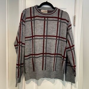 VTG Campus Size L Gray Stripe Plaid Long Sleeve Knit Crew Neck Pullover Sweater